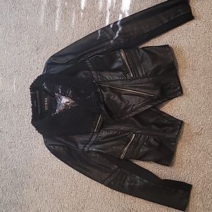GUESS - Black Faux Leather Jacket with Gold Detailing - XL